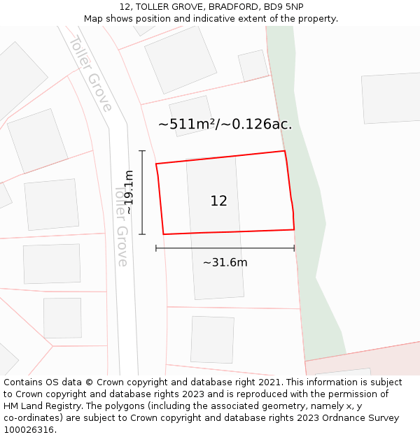 12, TOLLER GROVE, BRADFORD, BD9 5NP: Plot and title map