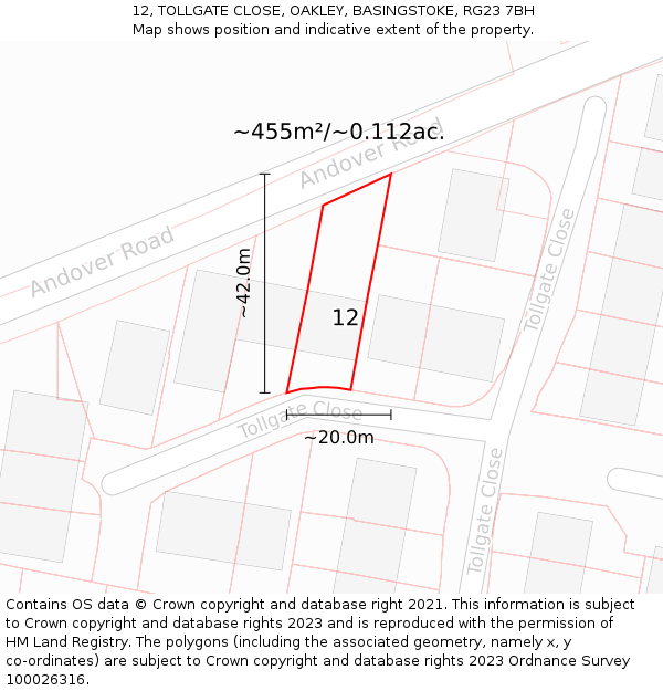 12, TOLLGATE CLOSE, OAKLEY, BASINGSTOKE, RG23 7BH: Plot and title map