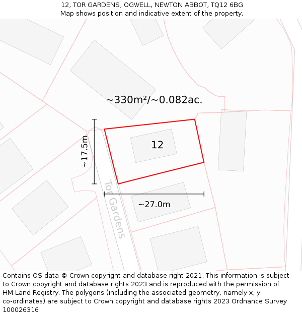 12, TOR GARDENS, OGWELL, NEWTON ABBOT, TQ12 6BG: Plot and title map