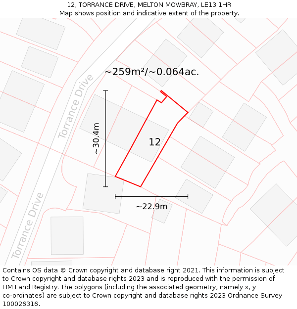 12, TORRANCE DRIVE, MELTON MOWBRAY, LE13 1HR: Plot and title map