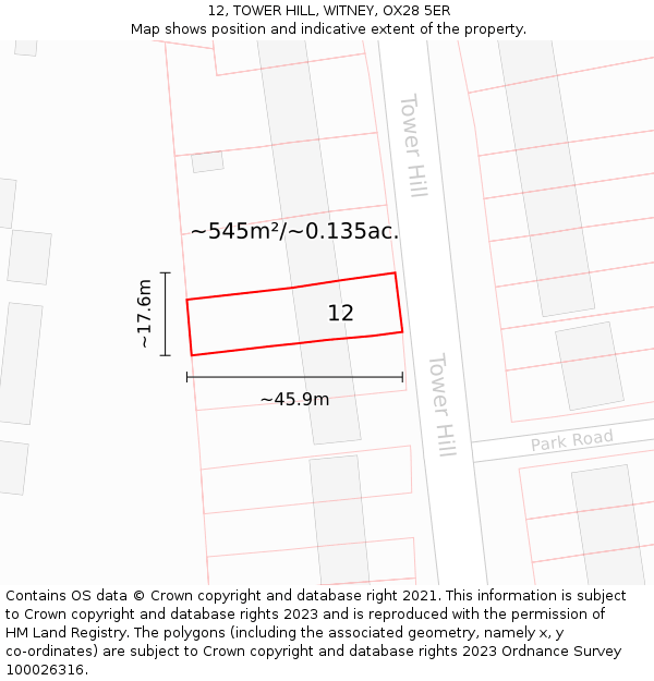 12, TOWER HILL, WITNEY, OX28 5ER: Plot and title map