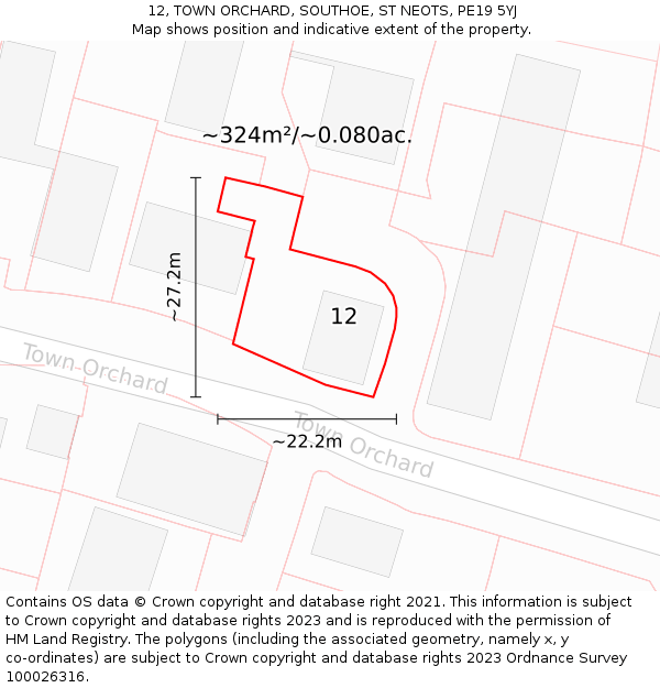 12, TOWN ORCHARD, SOUTHOE, ST NEOTS, PE19 5YJ: Plot and title map