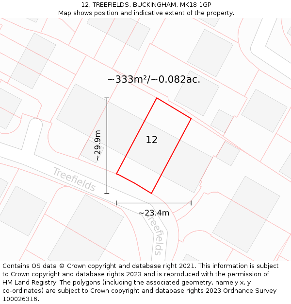 12, TREEFIELDS, BUCKINGHAM, MK18 1GP: Plot and title map