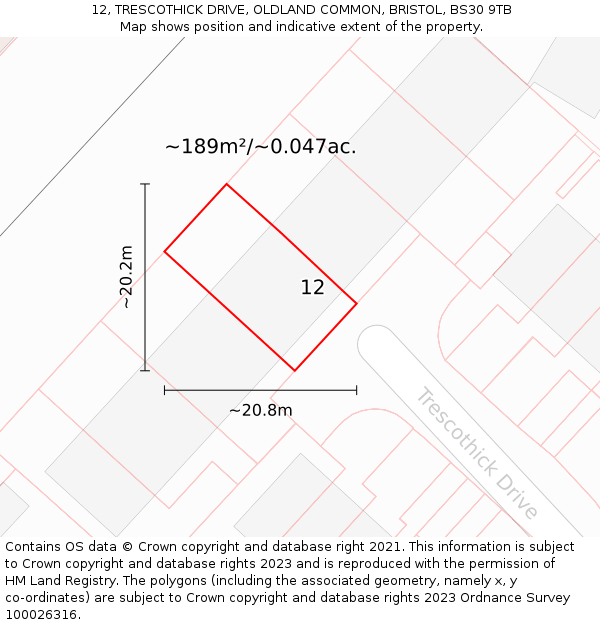 12, TRESCOTHICK DRIVE, OLDLAND COMMON, BRISTOL, BS30 9TB: Plot and title map