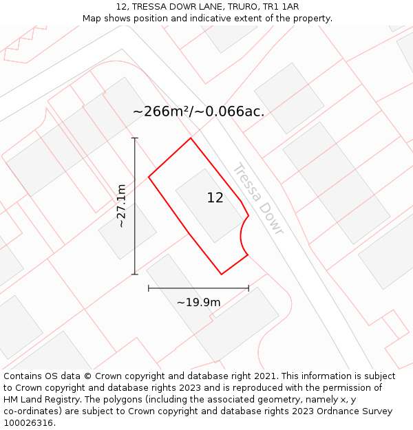 12, TRESSA DOWR LANE, TRURO, TR1 1AR: Plot and title map