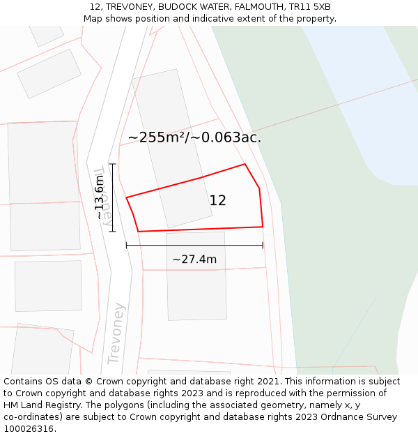 12, TREVONEY, BUDOCK WATER, FALMOUTH, TR11 5XB: Plot and title map