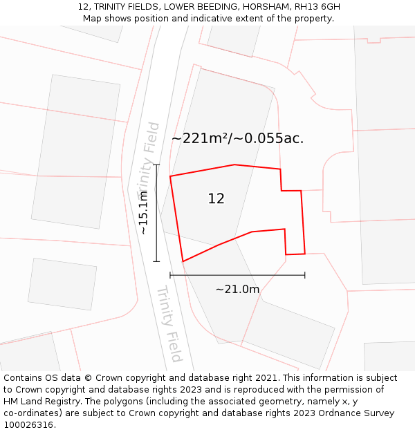 12, TRINITY FIELDS, LOWER BEEDING, HORSHAM, RH13 6GH: Plot and title map