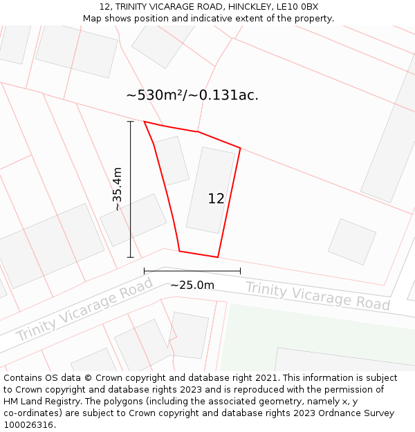 12, TRINITY VICARAGE ROAD, HINCKLEY, LE10 0BX: Plot and title map