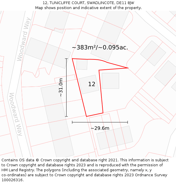 12, TUNICLIFFE COURT, SWADLINCOTE, DE11 8JW: Plot and title map