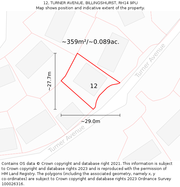 12, TURNER AVENUE, BILLINGSHURST, RH14 9PU: Plot and title map