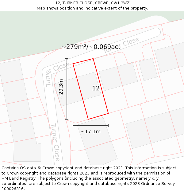 12, TURNER CLOSE, CREWE, CW1 3WZ: Plot and title map