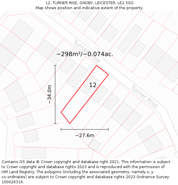 12, TURNER RISE, OADBY, LEICESTER, LE2 5SG: Plot and title map