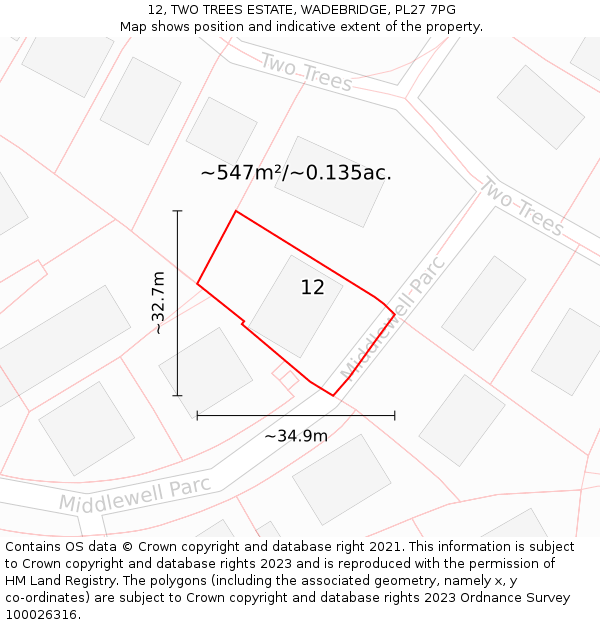 12, TWO TREES ESTATE, WADEBRIDGE, PL27 7PG: Plot and title map