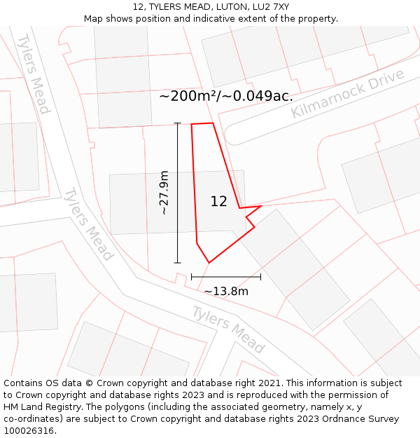 12, TYLERS MEAD, LUTON, LU2 7XY: Plot and title map