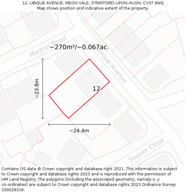 12, UBIQUE AVENUE, MEON VALE, STRATFORD-UPON-AVON, CV37 8WQ: Plot and title map