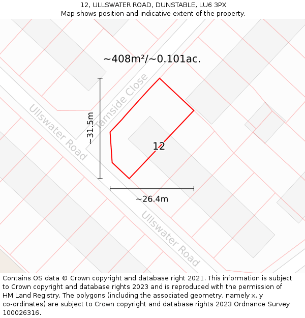 12, ULLSWATER ROAD, DUNSTABLE, LU6 3PX: Plot and title map