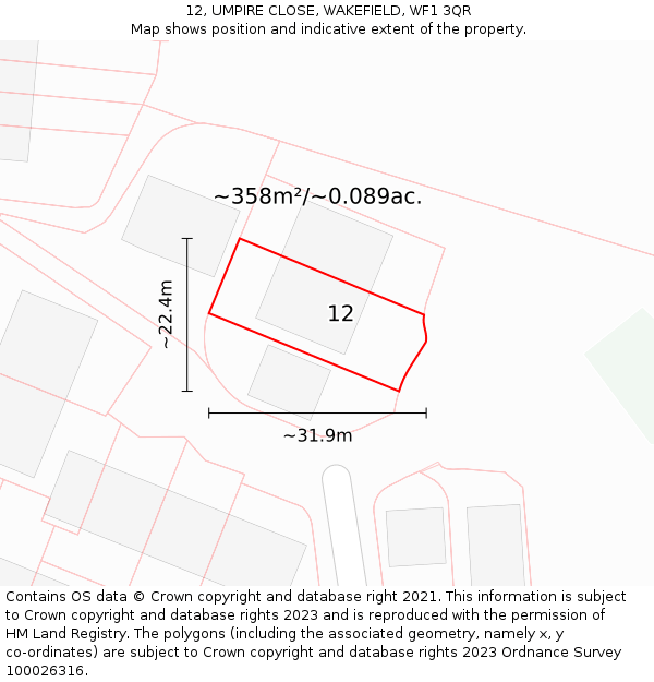 12, UMPIRE CLOSE, WAKEFIELD, WF1 3QR: Plot and title map