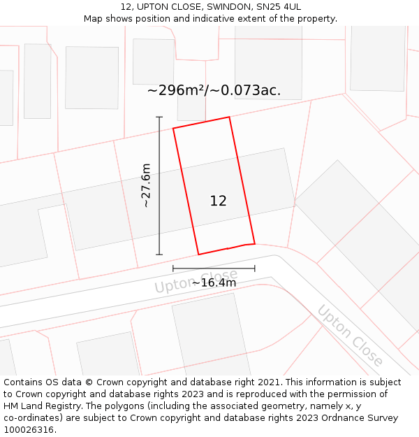 12, UPTON CLOSE, SWINDON, SN25 4UL: Plot and title map