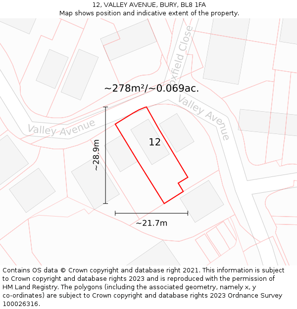 12, VALLEY AVENUE, BURY, BL8 1FA: Plot and title map