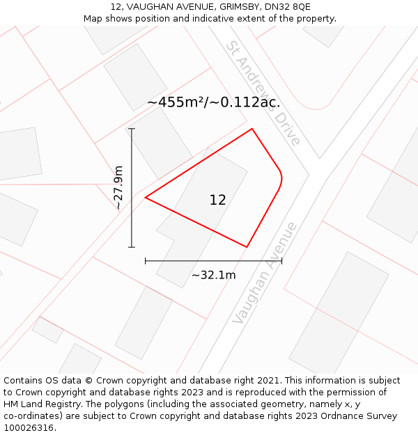 12, VAUGHAN AVENUE, GRIMSBY, DN32 8QE: Plot and title map