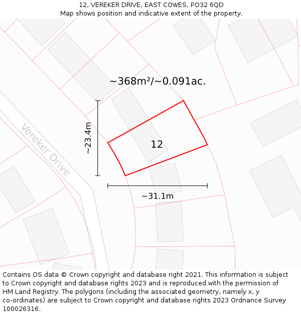 12, VEREKER DRIVE, EAST COWES, PO32 6QD: Plot and title map