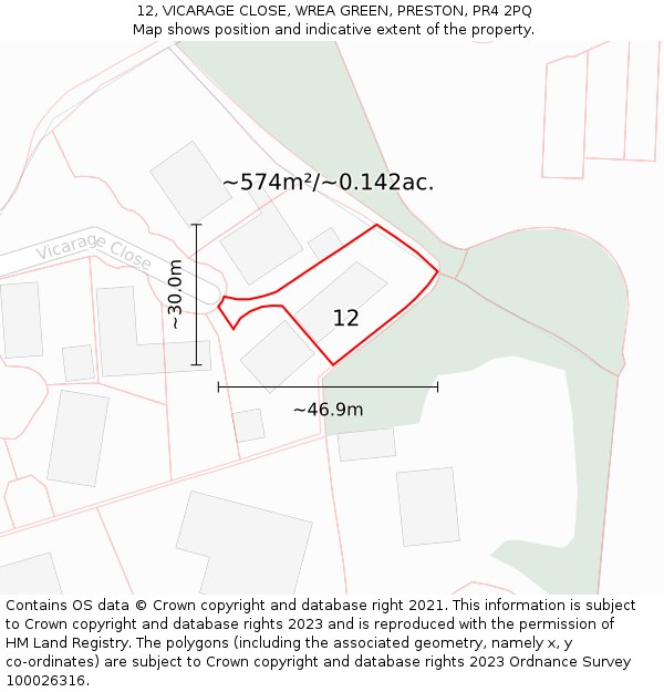 12, VICARAGE CLOSE, WREA GREEN, PRESTON, PR4 2PQ: Plot and title map