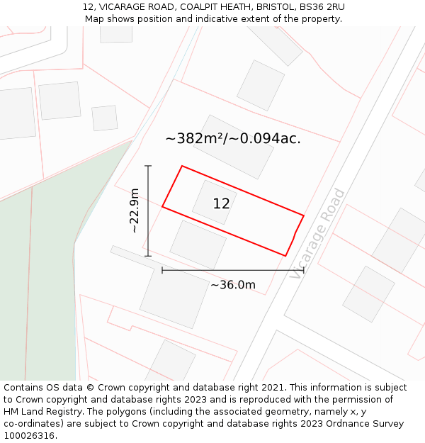 12, VICARAGE ROAD, COALPIT HEATH, BRISTOL, BS36 2RU: Plot and title map