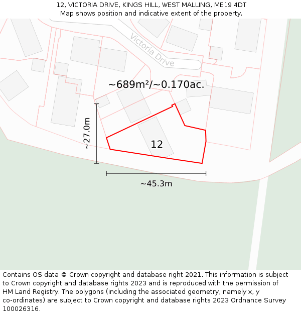 12, VICTORIA DRIVE, KINGS HILL, WEST MALLING, ME19 4DT: Plot and title map