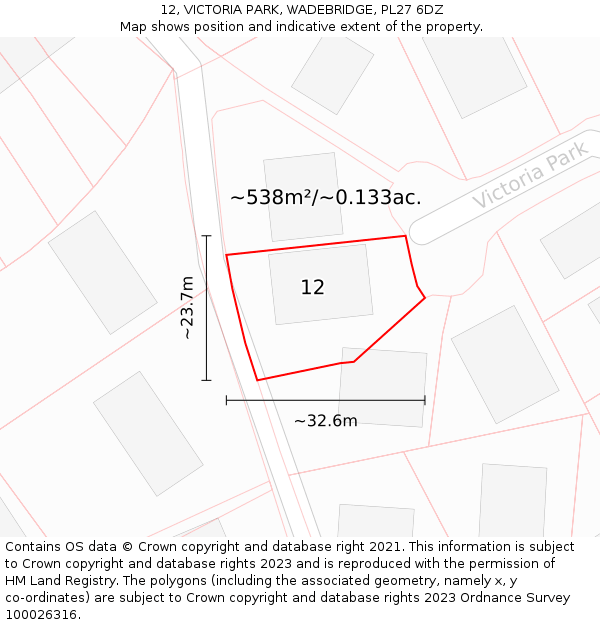 12, VICTORIA PARK, WADEBRIDGE, PL27 6DZ: Plot and title map