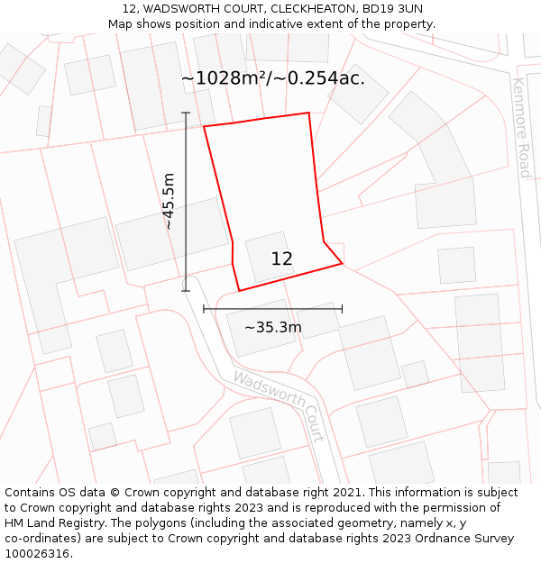 12, WADSWORTH COURT, CLECKHEATON, BD19 3UN: Plot and title map