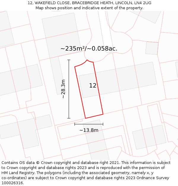 12, WAKEFIELD CLOSE, BRACEBRIDGE HEATH, LINCOLN, LN4 2UG: Plot and title map