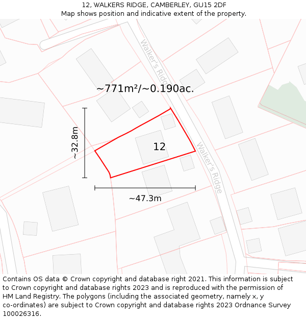 12, WALKERS RIDGE, CAMBERLEY, GU15 2DF: Plot and title map