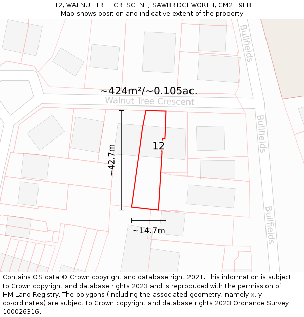 12, WALNUT TREE CRESCENT, SAWBRIDGEWORTH, CM21 9EB: Plot and title map