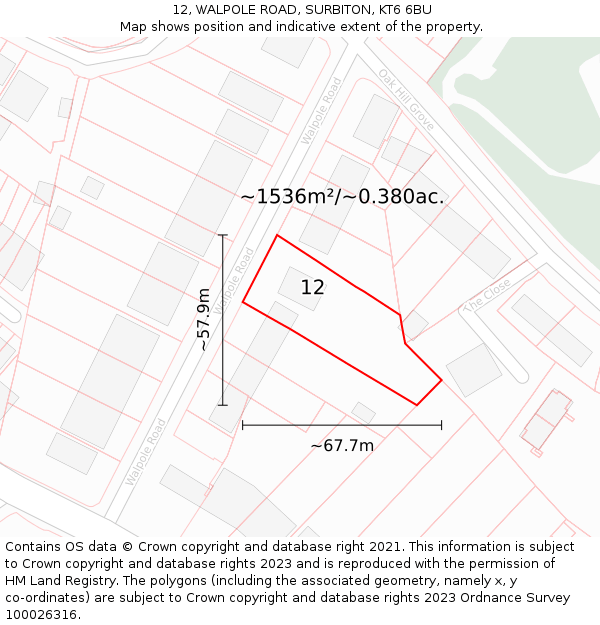 12, WALPOLE ROAD, SURBITON, KT6 6BU: Plot and title map