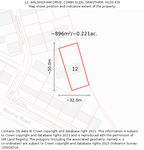 12, WALSINGHAM DRIVE, CORBY GLEN, GRANTHAM, NG33 4TA: Plot and title map