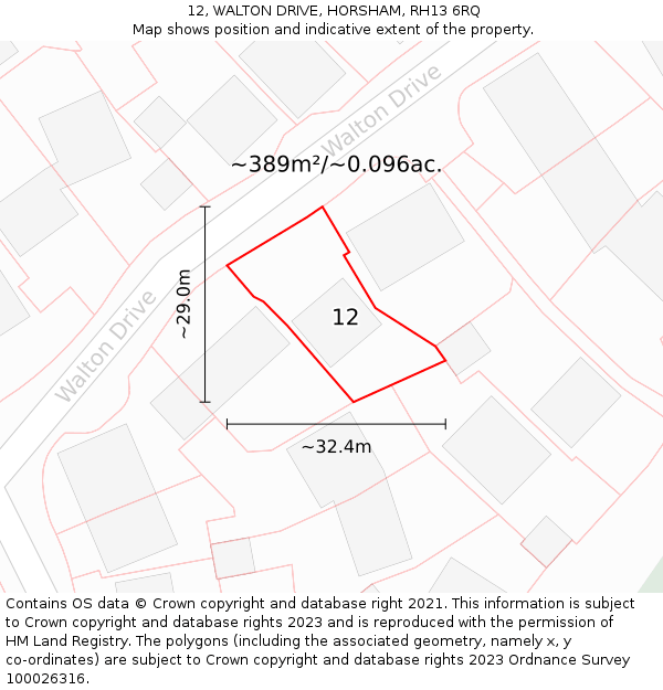 12, WALTON DRIVE, HORSHAM, RH13 6RQ: Plot and title map