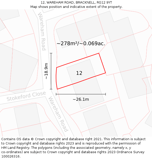 12, WAREHAM ROAD, BRACKNELL, RG12 9YT: Plot and title map