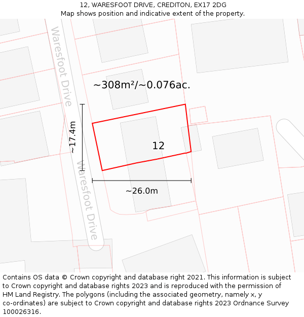 12, WARESFOOT DRIVE, CREDITON, EX17 2DG: Plot and title map