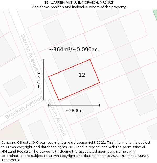 12, WARREN AVENUE, NORWICH, NR6 6LT: Plot and title map