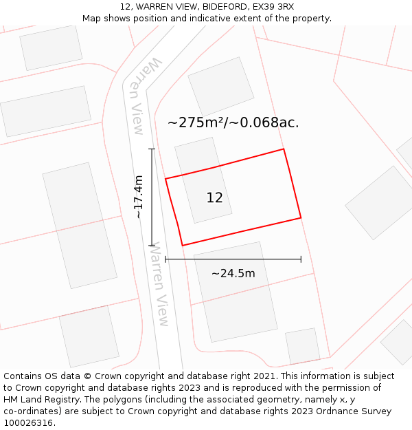 12, WARREN VIEW, BIDEFORD, EX39 3RX: Plot and title map