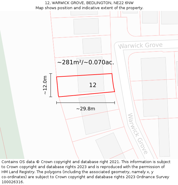 12, WARWICK GROVE, BEDLINGTON, NE22 6NW: Plot and title map