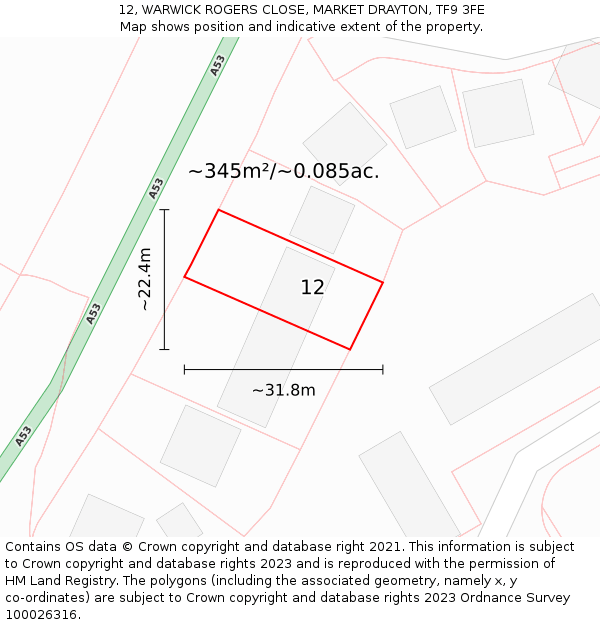 12, WARWICK ROGERS CLOSE, MARKET DRAYTON, TF9 3FE: Plot and title map