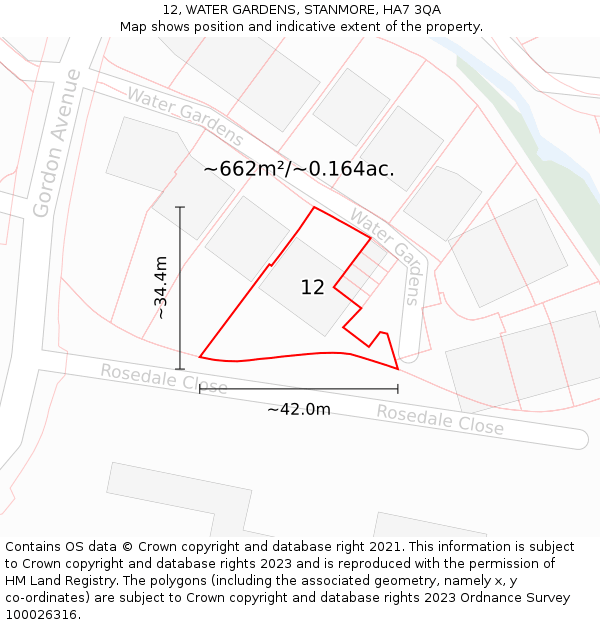 12, WATER GARDENS, STANMORE, HA7 3QA: Plot and title map