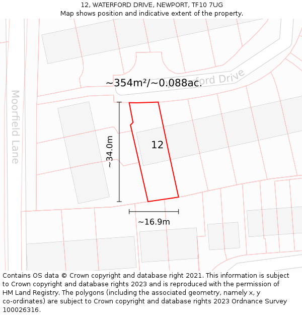 12, WATERFORD DRIVE, NEWPORT, TF10 7UG: Plot and title map