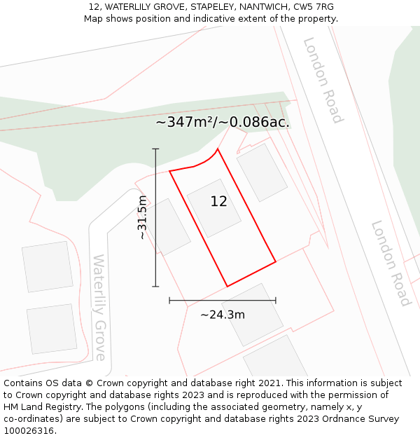 12, WATERLILY GROVE, STAPELEY, NANTWICH, CW5 7RG: Plot and title map