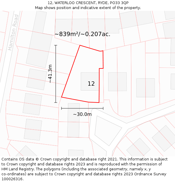 12, WATERLOO CRESCENT, RYDE, PO33 3QP: Plot and title map