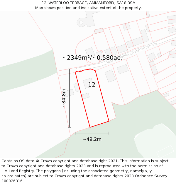 12, WATERLOO TERRACE, AMMANFORD, SA18 3SA: Plot and title map