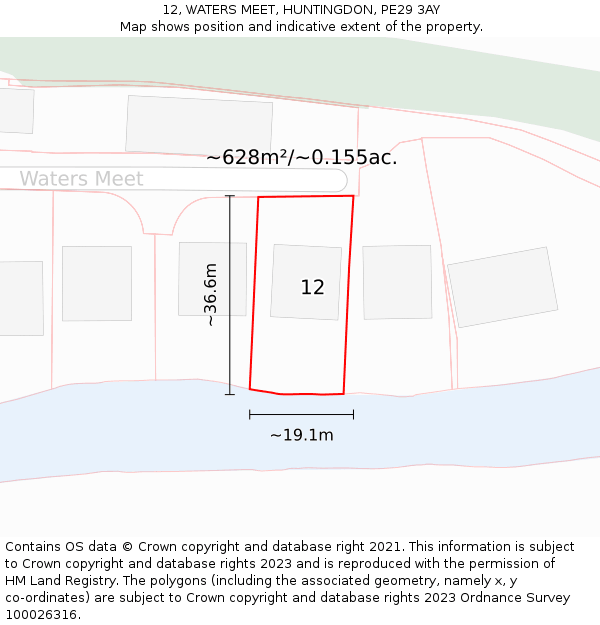 12, WATERS MEET, HUNTINGDON, PE29 3AY: Plot and title map