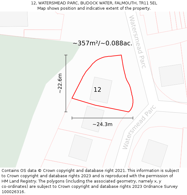 12, WATERSMEAD PARC, BUDOCK WATER, FALMOUTH, TR11 5EL: Plot and title map