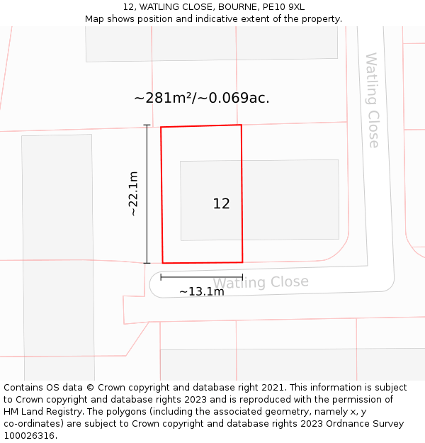 12, WATLING CLOSE, BOURNE, PE10 9XL: Plot and title map